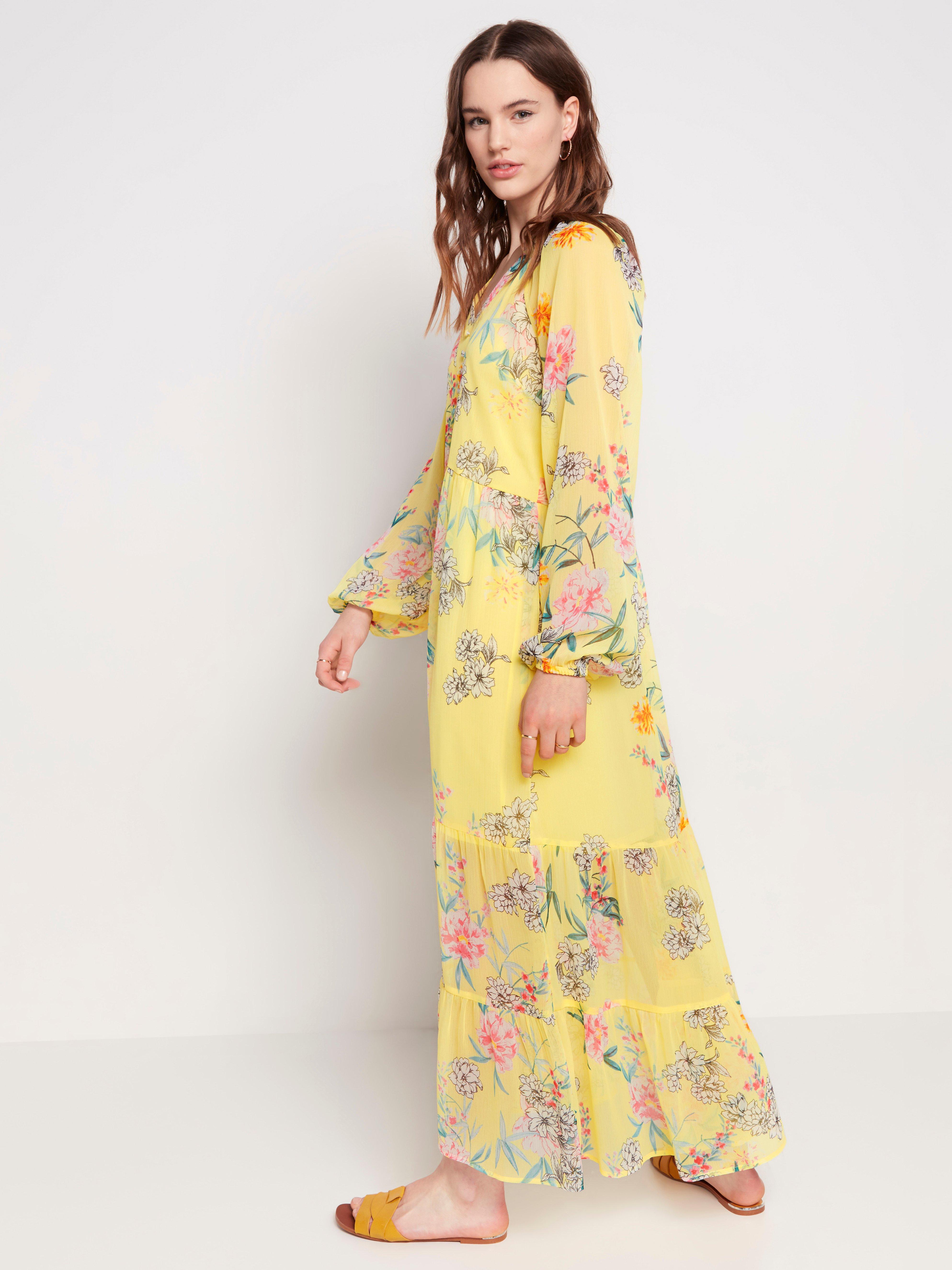 Yellow chiffon maxi dress with floral ...